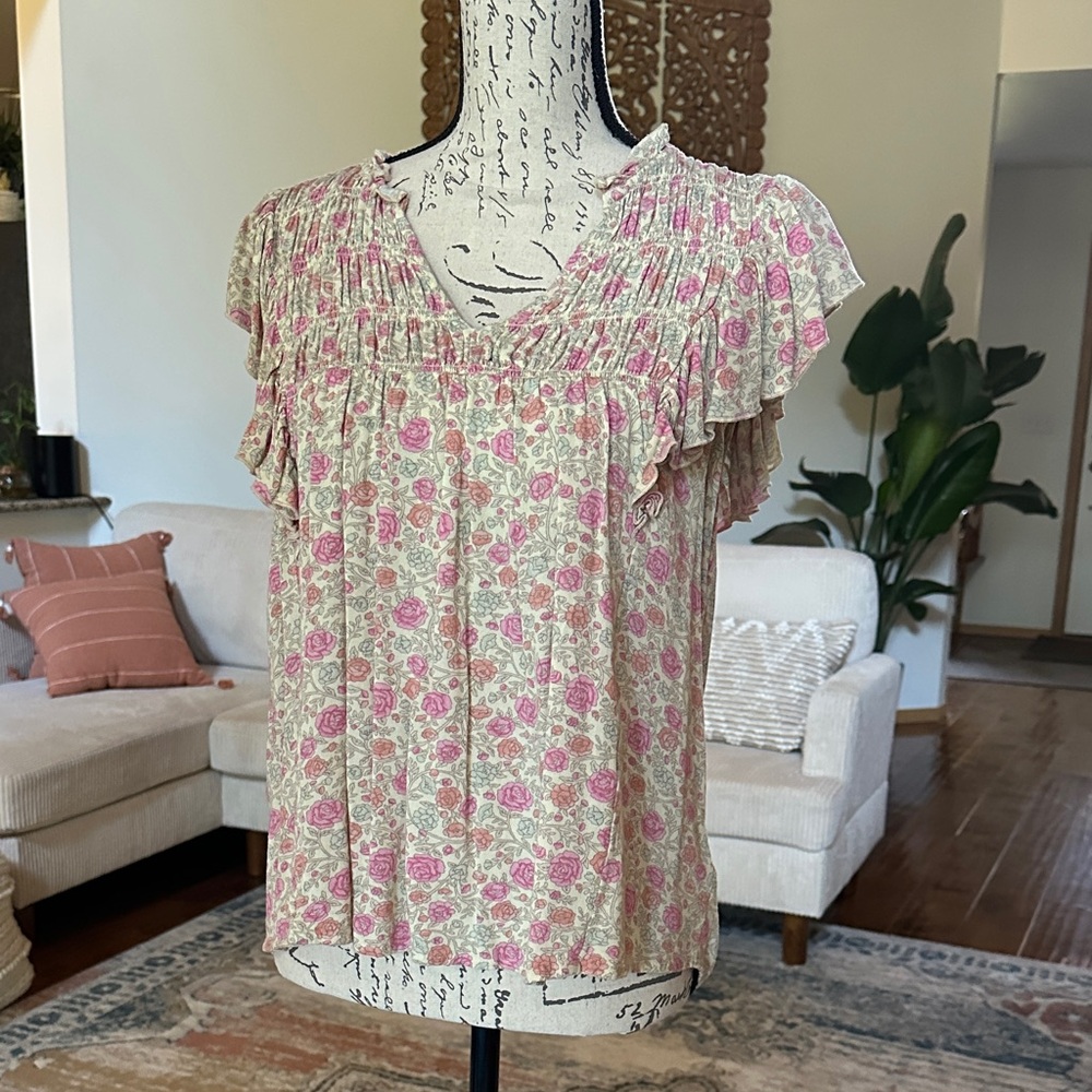 Lucky Brand Pink and Cream Floral Blouse